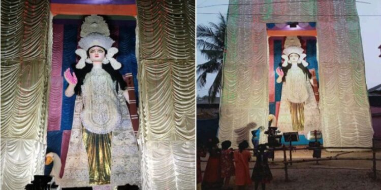 নাসিগ্রামের ৩০ ফুটের সরস্বতী প্রতিমা নজর কেড়েছে এলাকাবাসীর