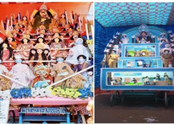 কাটোয়ায় ‘থাকা কার্তিক’য়ের থিমে ‘করোনাসুর বধ’