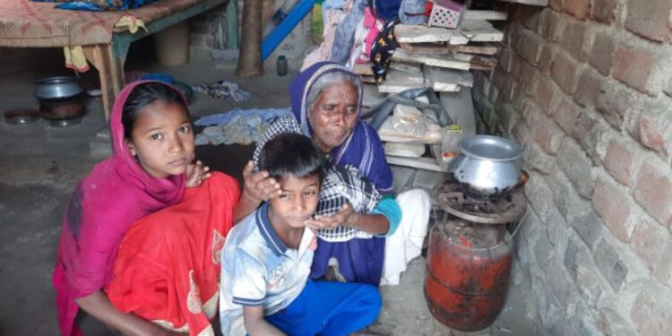 খাবারের সংস্থান না থাকায় নাবালক নাতি নাতনিকে নিয়ে অর্ধাহারে-অনাহারে দিন কাটাচ্ছেন বৃদ্ধা ভিখারিনী