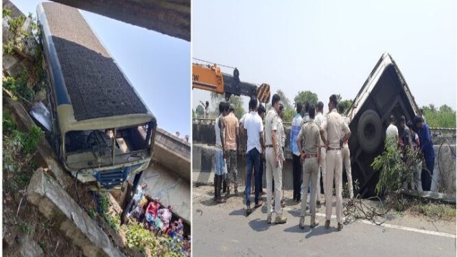 দ্রুত গতীতে যাবার সময়ে ব্রিজের রেলিং ভেঙে ঝুলে রইল যাত্রীসহ সরকারী বাস, আহত ৬,আটক চালক ও কন্ডাক্টর