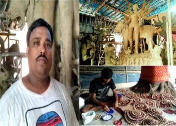 মালদার শিল্পির গড়া দূর্গা প্রতিমায় শোভা পাবে কাঁচা বাদামের সাজ