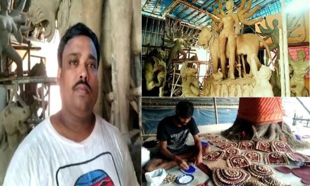 মালদার শিল্পির গড়া দূর্গা প্রতিমায় শোভা পাবে কাঁচা বাদামের সাজ
