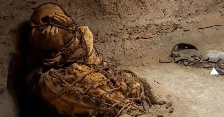 তালু দিয়ে মুখ ঢাকা, বুকের কাছে ভাঁজ করা দু’পা, আষ্টেপৃষ্টে বাঁধা গোটা শরীর- রহস্যময় মমির সন্ধান পেরুতে