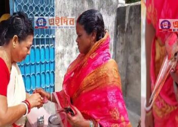 দশমীতে কাটোয়ার বধূদের জীবন্ত নীলকন্ঠ পাখি দেখিয়ে সিঁথিতে সিঁদুর পরিয়ে দেন বাণী