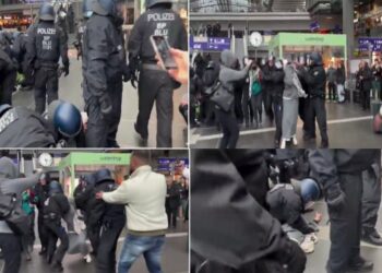 বার্লিন সেন্ট্রাল রেলস্টেশনে সন্ত্রাসী হামাসপন্থী মহিলাকে ফেলে হিজাব খুলে ফেলে দিল জার্মান পুলিশ