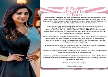 আরজি করের তরুনী চিকিৎসকের বর্বরোচিত ধর্ষণ-হত্যার প্রতিবাদী আন্দোলনকে সমর্থন করে কলকাতার কনসার্ট বাতিল করলেন শ্রেয়া ঘোষাল