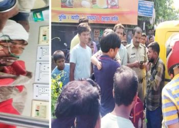 নাদনঘাটে চারচাকা স্কুল বাসের ধাক্কায় গুরুতর আহত যুবক