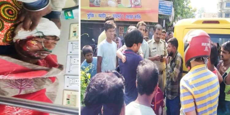 নাদনঘাটে চারচাকা স্কুল বাসের ধাক্কায় গুরুতর আহত যুবক