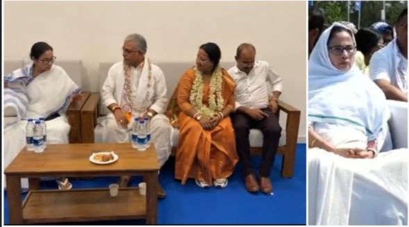 জগন্নাথ দেব মন্দিরের উদ্বোধনে মমতা ব্যানার্জির পরনে “স্কার্ফ” ! তরুনজ্যোতি তিওয়ারির ইঙ্গিতে তোলপাড় ; এদিকে মুখ্যমন্ত্রীর সঙ্গে জমিয়ে গল্প করলেন দিলীপ ঘোষ