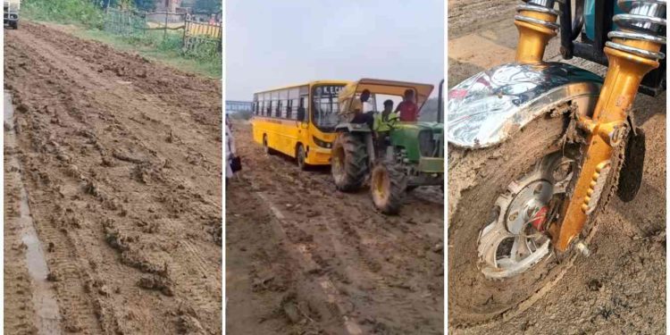 বিক্ষিপ্ত বৃষ্টির পর ট্র্বাক্টরের চাকায় উঠে আসা কাদায় কার্যত মরণফাঁদ হয়ে গেছে ভাতারের সড়কপথগুলি