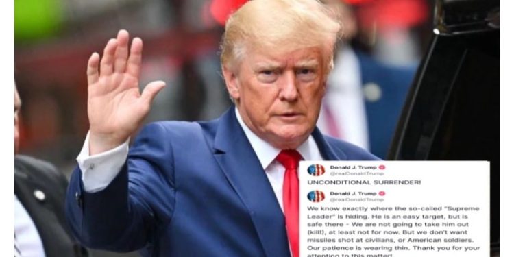 ইরান-ইসরায়েল যুদ্ধ : ইরানকে নিঃশর্ত আত্মসমর্পণের হুমকি দিলেন মার্কিন প্রেসিডেন্ট ট্রাম্প