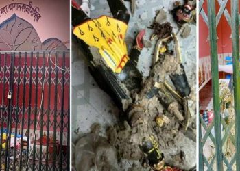 বাংলাদেশের নাটোরের হালুডাঙ্গা মহাশ্মশান কালী মন্দিরে প্রতিমা ভাঙচুর