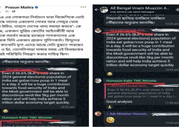 বিজেপির ভোটারদের “গোবর আর গোমূত্র” খাওয়ার পরামর্শ দিলেন আইনজীবী মোতাহার হোসেন, সমর্থন করলেন “টিএমসি মন্ত্রী”  হুমায়ুন কবীর ; চ্যাট পোস্ট করলেন বর্ষীয়ান সাংবাদিক 