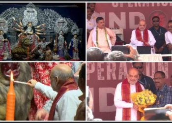 সন্তোষ মিত্র স্কোয়ারের দুর্গাপুজোর উদ্বোধনে এসে মনযোগ দিয়ে “অপারেশন সিঁদূর”-এর ডকুমেন্টারি দেখলেন অমিত শাহ 