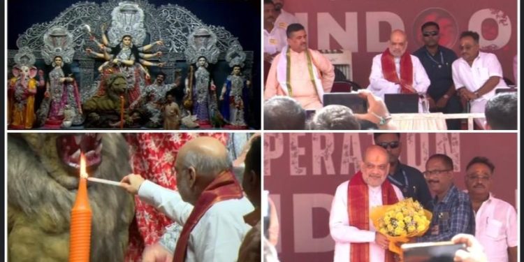 সন্তোষ মিত্র স্কোয়ারের দুর্গাপুজোর উদ্বোধনে এসে মনযোগ দিয়ে “অপারেশন সিঁদূর”-এর ডকুমেন্টারি দেখলেন অমিত শাহ 