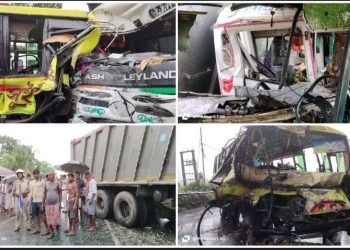 কালনায় বাস ও ডাম্পারের মুখোমুখি সংঘর্ষ,আহত বাসের চালক ও অন্তত ২০ জন যাত্রী 