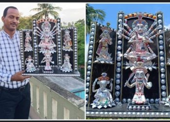 বাতিল এক্সরে প্লেট আর ওষুধের খালি প্যাকেট দিয়ে গুসকরার স্কুল  শিক্ষকের তৈরি মডেল দুর্গামূর্তি নজর কেড়েছে এলাকায় 