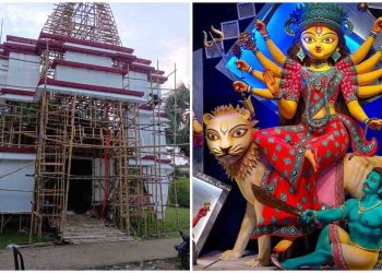 দক্ষিণ ভারতের মন্দিরের আদলে প্যান্ডেল, প্রতিমায় অভিনবত্ব, দর্শনার্থীদের চমক দিতে প্রস্তুতি নিচ্ছে ভাতার বাজারের “শান্তিশ্রী ক্লাব”