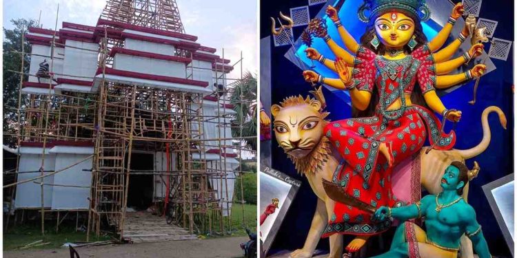 দক্ষিণ ভারতের মন্দিরের আদলে প্যান্ডেল, প্রতিমায় অভিনবত্ব, দর্শনার্থীদের চমক দিতে প্রস্তুতি নিচ্ছে ভাতার বাজারের “শান্তিশ্রী ক্লাব”