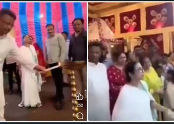 বাম হাতে দেবী প্রতিমাকে ফুল ছুড়ছেন মমতা, বাম হাতে মঙ্গল প্রদীপ জ্বালাচ্ছেন ফিরহাদ, “জোর করে ভক্তি দেখানোর কি দরকার” : বললেন তরুনজ্যোতি 