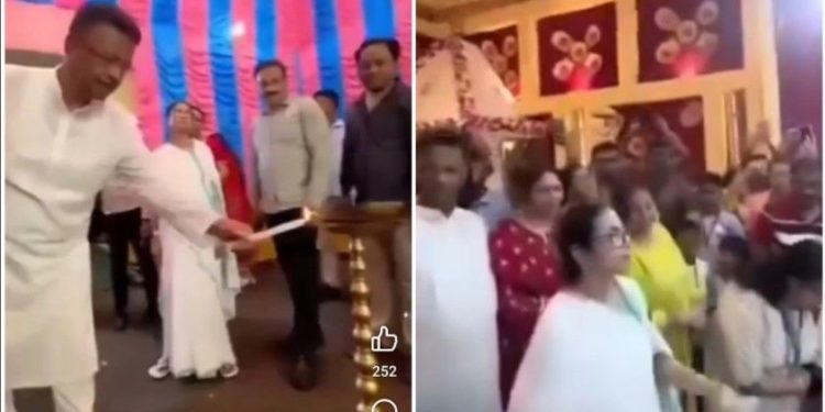 বাম হাতে দেবী প্রতিমাকে ফুল ছুড়ছেন মমতা, বাম হাতে মঙ্গল প্রদীপ জ্বালাচ্ছেন ফিরহাদ, “জোর করে ভক্তি দেখানোর কি দরকার” : বললেন তরুনজ্যোতি 