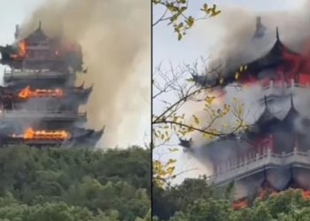 পর্যটকদের অসাবধানতার কারণে চীনের বিখ্যাত পাহাড়ের চূড়ার মন্দির পুড়ে ছাই 