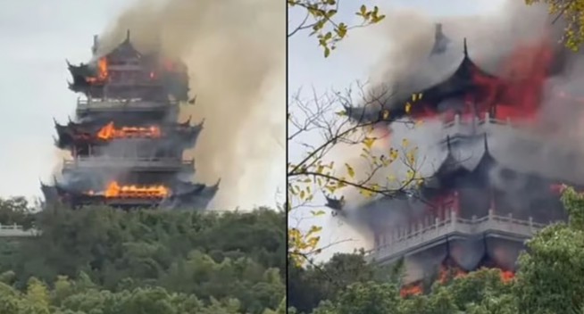 পর্যটকদের অসাবধানতার কারণে চীনের বিখ্যাত পাহাড়ের চূড়ার মন্দির পুড়ে ছাই 