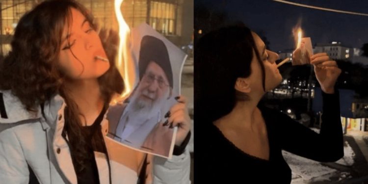 খোলা চুল, মুখে সিগারেট, আলি খামেনির ছবি পুড়িয়ে সিগারেট জ্বালাচ্ছেন তরুনী ; ইরানে সর্বোচ্চ ধর্মীয় নেতার বিরুদ্ধে ঘৃণা চরম সীমায় পৌঁছে গেছে 