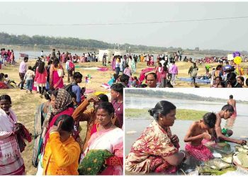 পয়লা মাঘ পূণ্যস্নান ও তর্পণের প্রাচীন রীতি পালন করতে আদাবাসী পূণ্যার্থী সমাগমে ঢাকা পড়লো জামালপুরের দামোদরের তেলকুপি গয়াঘাট 