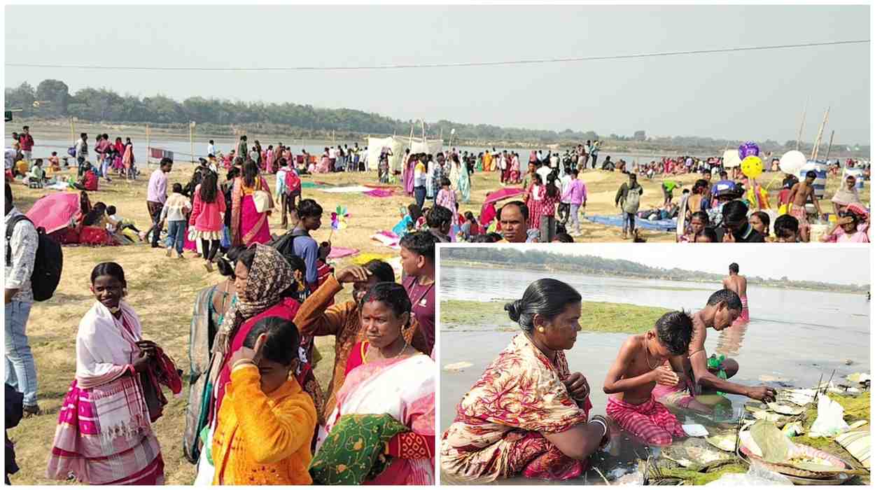 পয়লা মাঘ পূণ্যস্নান ও তর্পণের প্রাচীন রীতি পালন করতে আদাবাসী পূণ্যার্থী সমাগমে ঢাকা পড়লো জামালপুরের দামোদরের তেলকুপি গয়াঘাট 