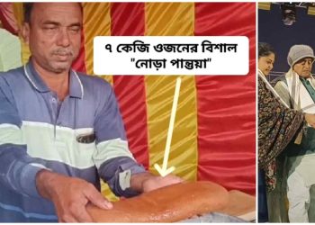 হাতিপোতা গ্রামের ঐতিহ্যবাহী দেবদাস মেলায় আকর্ষণের কেন্দ্রবিন্দুতে ৭ কেজি ওজনের বিশাল “নোড়া পান্তুয়া” ; দাম ২০০০ টাকা 