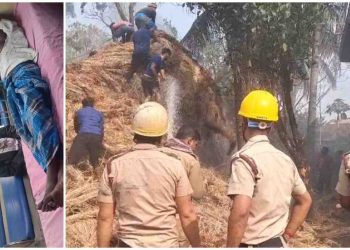 নাতি গ্যাস লাইট জ্বেলে খেলা করার সময় আগুন ধরে যায় খড়ের পালুইয়ে, উপরে উঠে আগুন নেভাতে গিয়ে নিচে পড়ে আহত দাদু