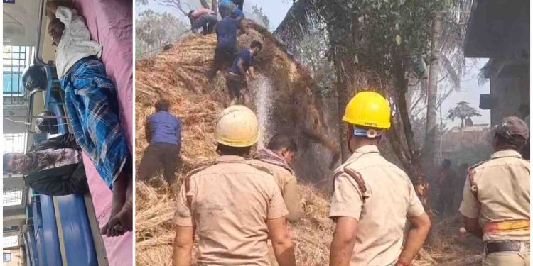 নাতি গ্যাস লাইট জ্বেলে খেলা করার সময় আগুন ধরে যায় খড়ের পালুইয়ে, উপরে উঠে আগুন নেভাতে গিয়ে নিচে পড়ে আহত দাদু