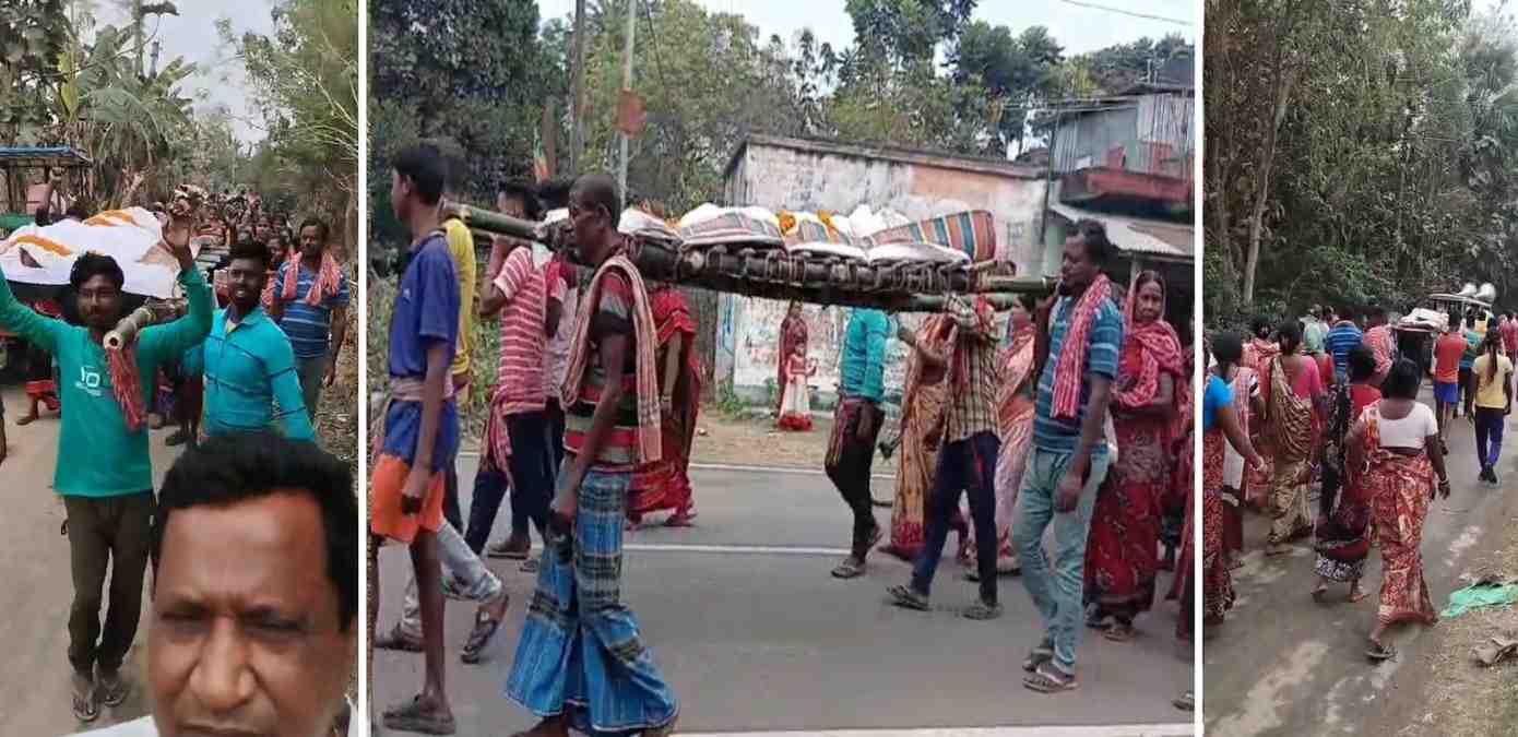 ব্যাঞ্জোর সুরে নৃত্যরত নাতিদের কাঁধে দোলায় চড়ে চিরবিদায় নিলেন শান্তিপুরের শতায়ূ নিমাই পন্ডিত