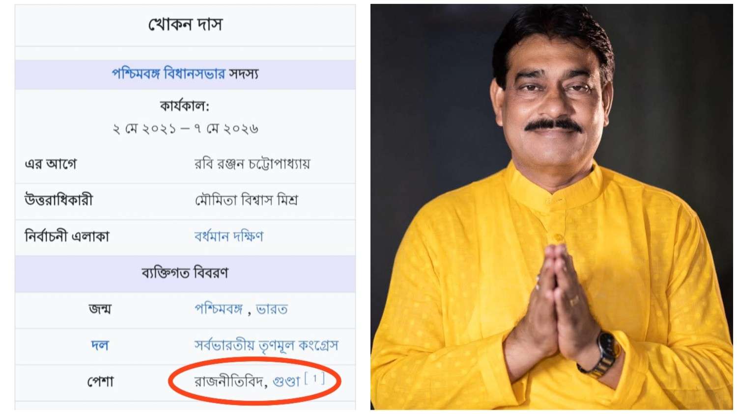 বর্ধমানের প্রাক্তন তৃণমূল বিধায়ক খোকন দাসকে “গ্যাংস্টার” হিসাবে চিহ্নিত করেছে উইকিপিডিয়া 